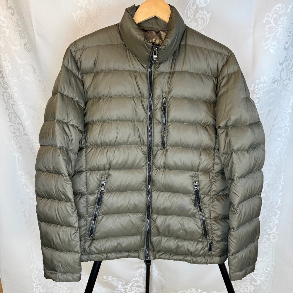Calvin Klein Down Puffer Coat Olive Green Men's Size M Lightweight Packable Down